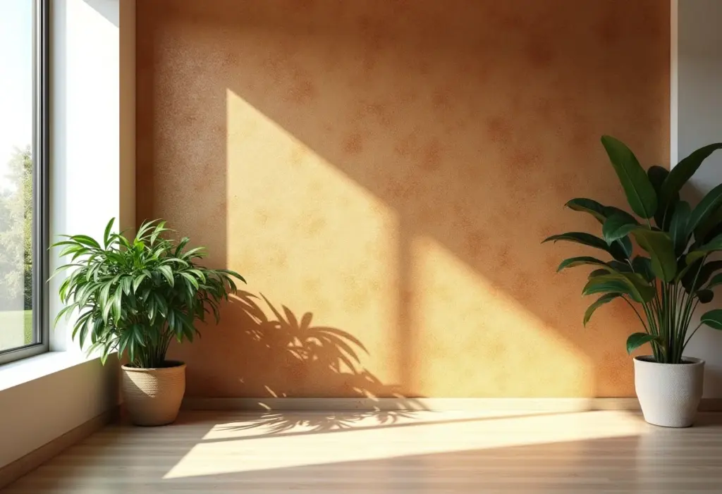 Sala de estar minimalista com parede de cortiça e luz natural