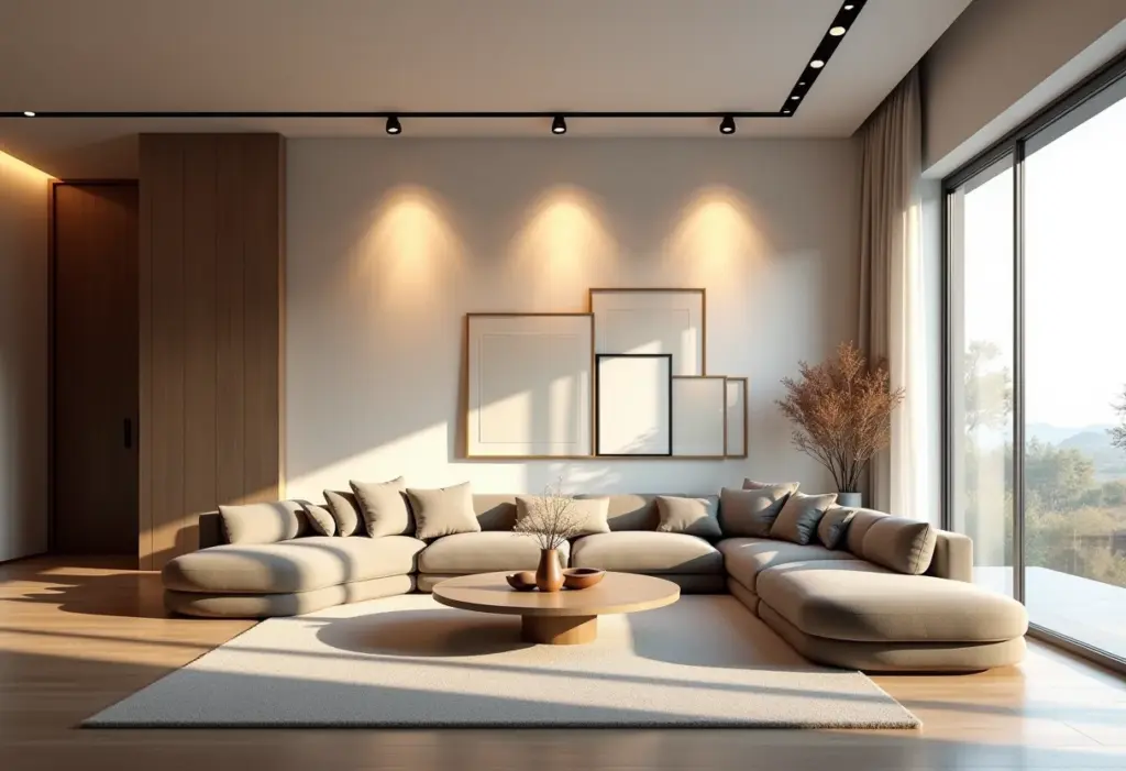 Sala de estar moderna com iluminação de trilho