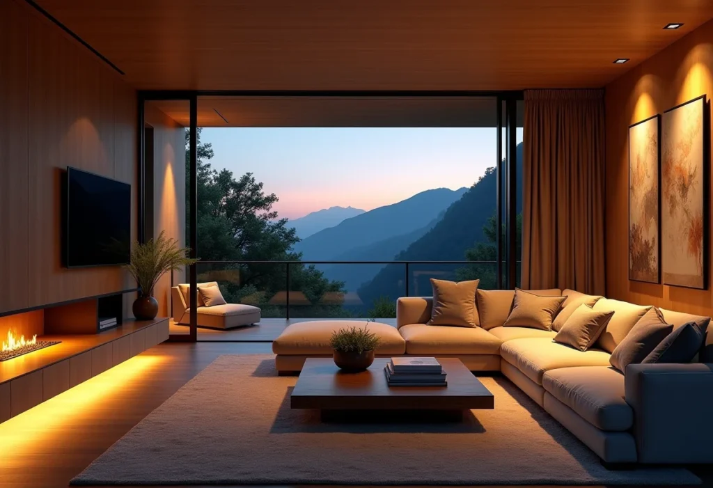 Lúmen: O guia definitivo para entender e usar na iluminação Sala de estar moderna com iluminação suave e aconchegante ao entardecer.