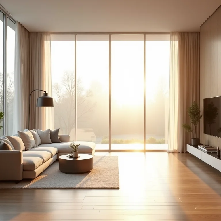 Sala de estar moderna com janelas de vidro refletivo para conforto térmico.