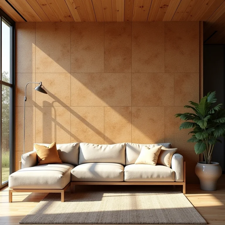 Sala de estar moderna com parede de cortiça texturizada