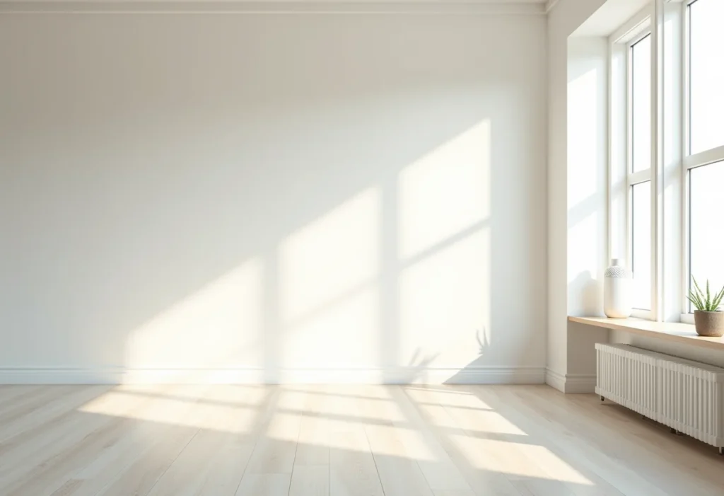 Sala de estar moderna com paredes de drywall brancas e iluminação natural.