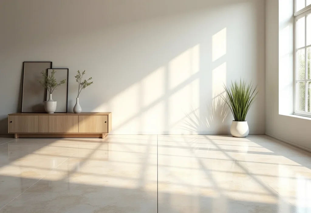 Sala de estar moderna com piso de porcelanato claro e design minimalista