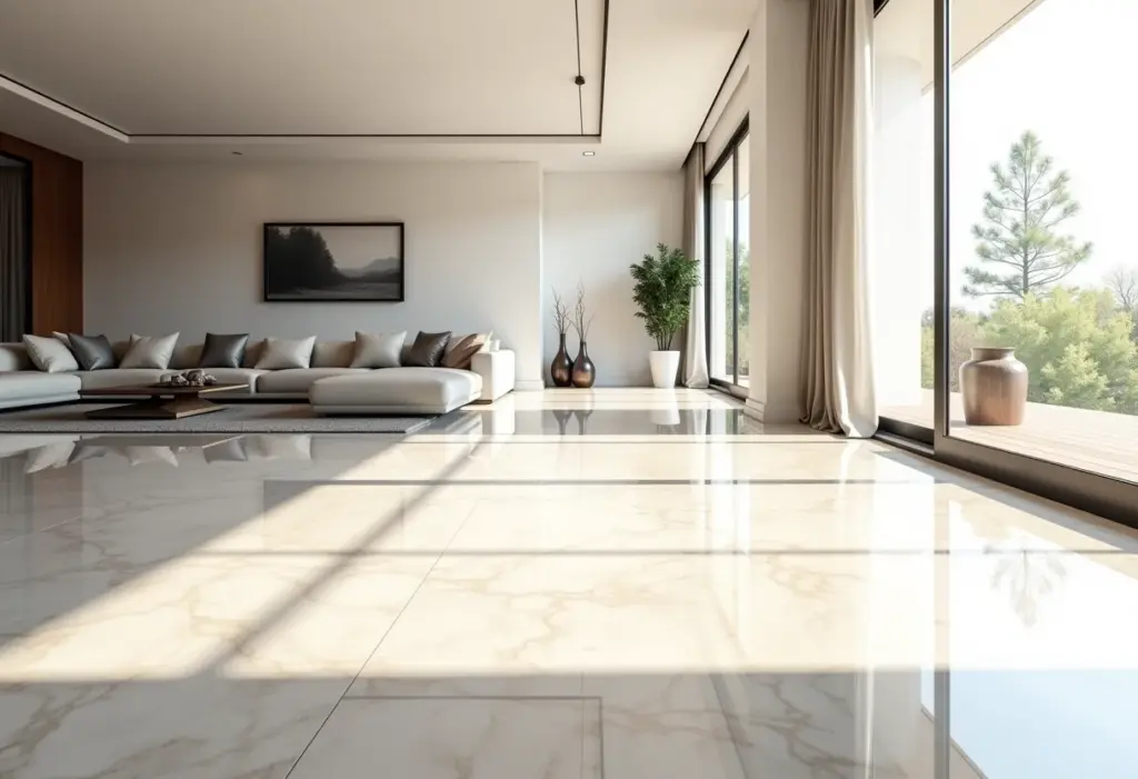 Porcelanato Líquido: o segredo para um piso moderno e impecável Sala de estar moderna com piso de porcelanato líquido impecável