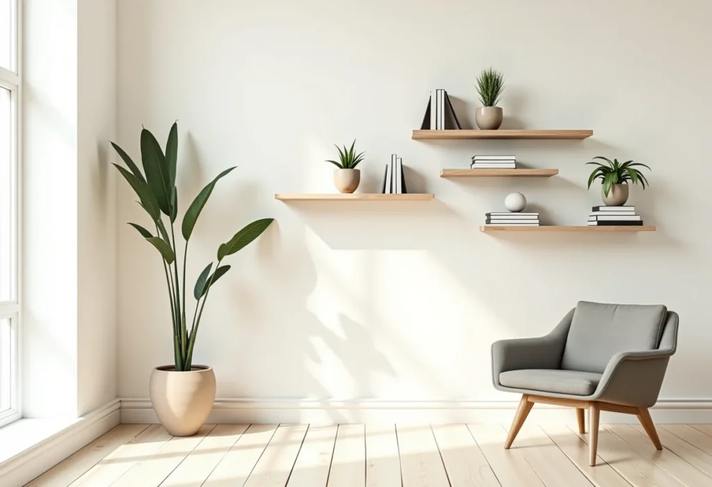 Sala de estar moderna com prateleiras DIY estilosas