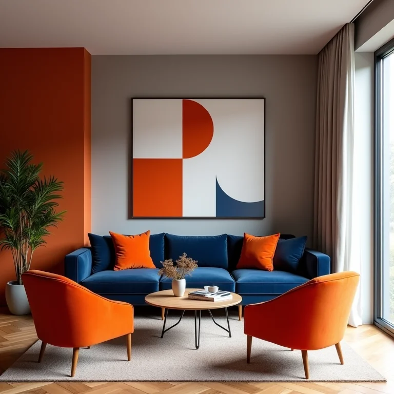 Sala de estar moderna com sofá azul marinho e poltronas laranjas