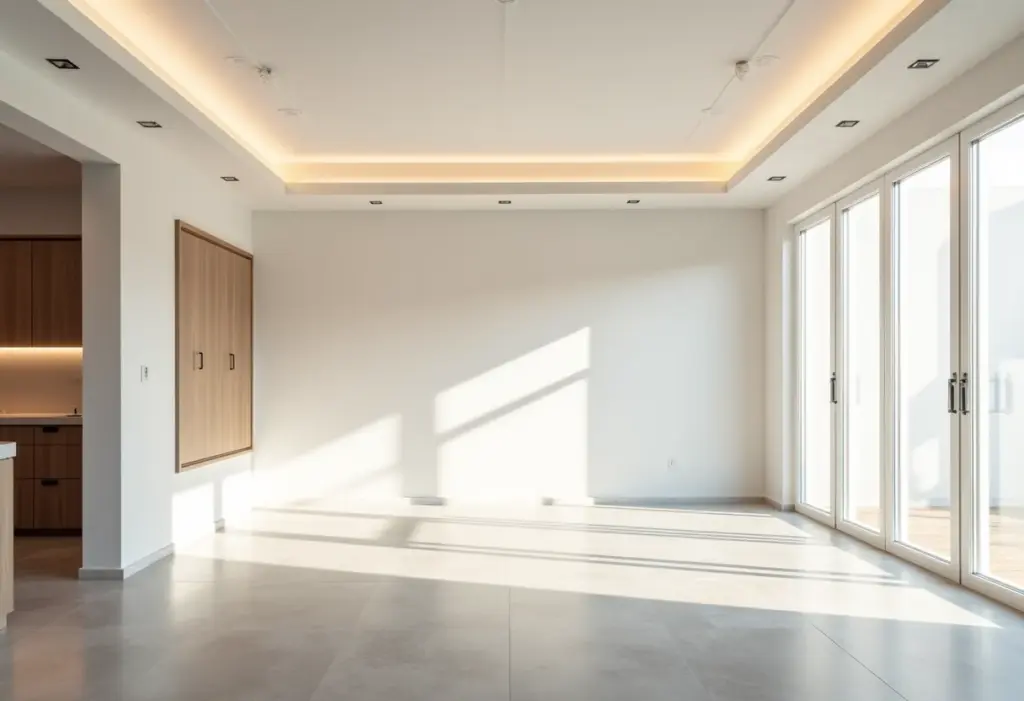 Gesso acartonado (drywall): Guia completo, do projeto à instalação Sala de estar moderna com teto de gesso acartonado e iluminação embutida