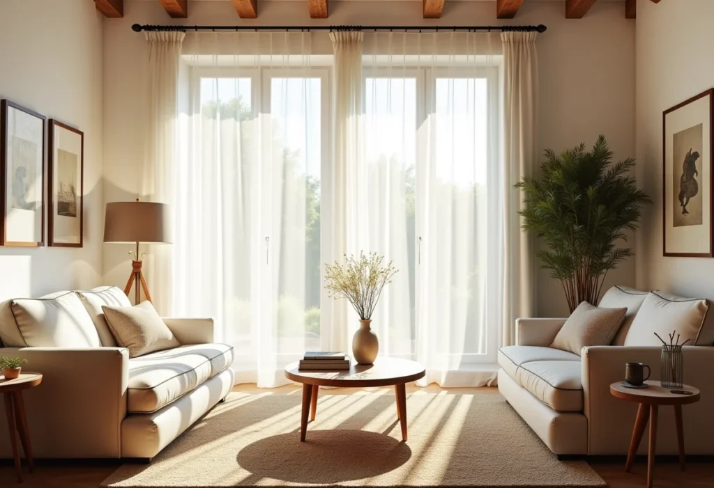 Sala de estar provençal com luz natural e decoração vintage moderna