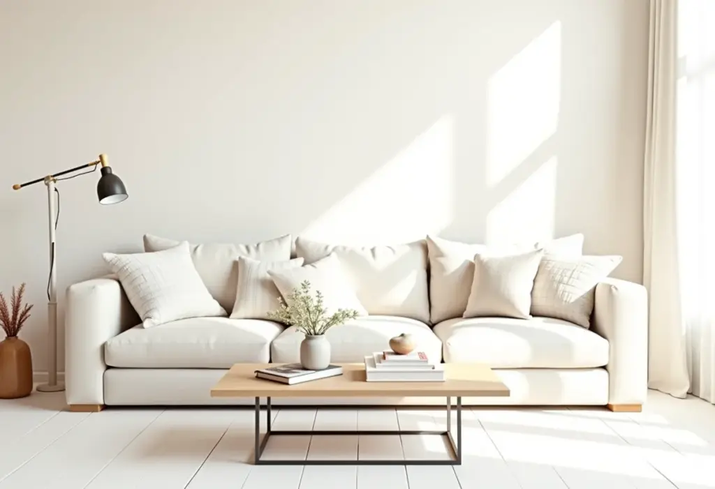 Sala de estar renovada com papel de parede texturizado