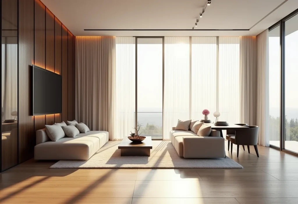 Sala de estar sofisticada com divisória de vidro canelado