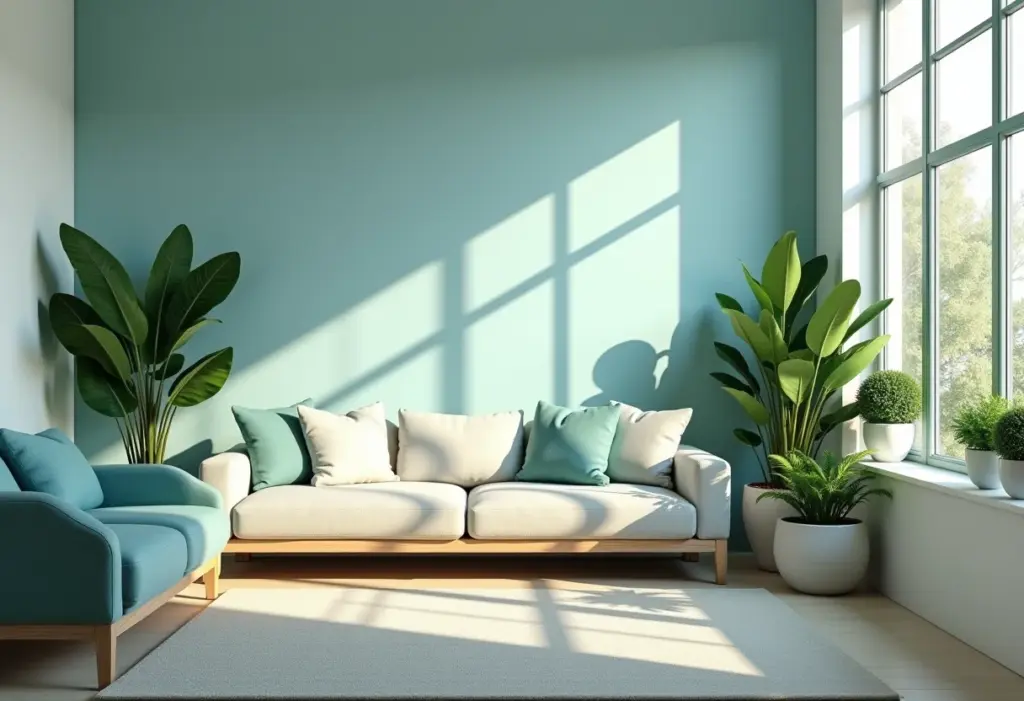 Sala de estar zen com tons de azul e verde