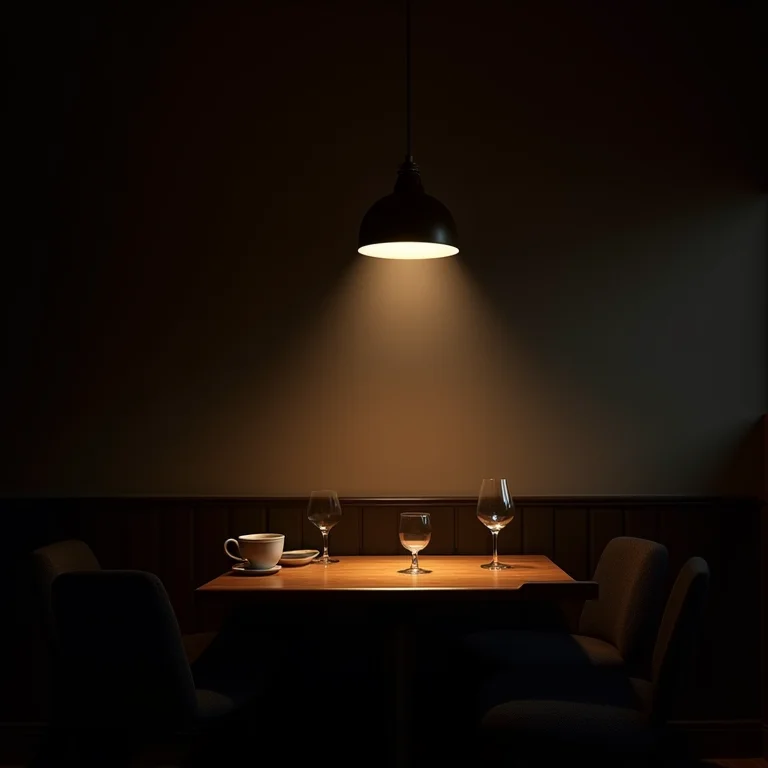 Sala de jantar com iluminação inadequada e sombras marcadas.