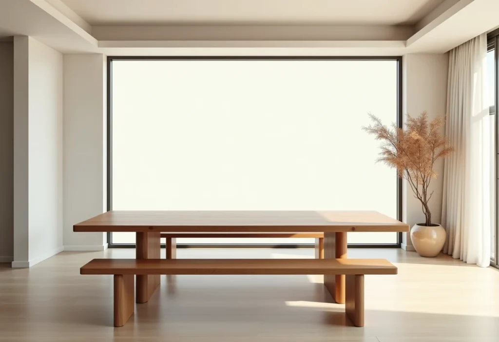 Sala de jantar com mesa de madeira e banco minimalista