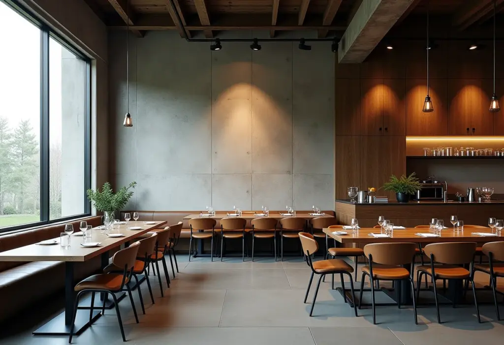 Sala de jantar em estilo industrial com cadeiras de metal e mesa de madeira rústica.