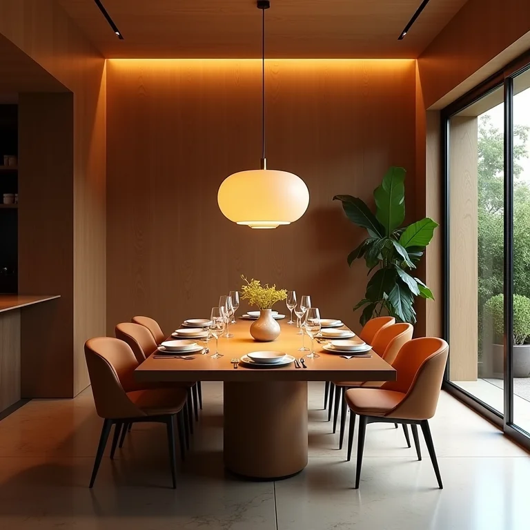 Sala de jantar moderna com iluminação ambiente, funcional e decorativa.