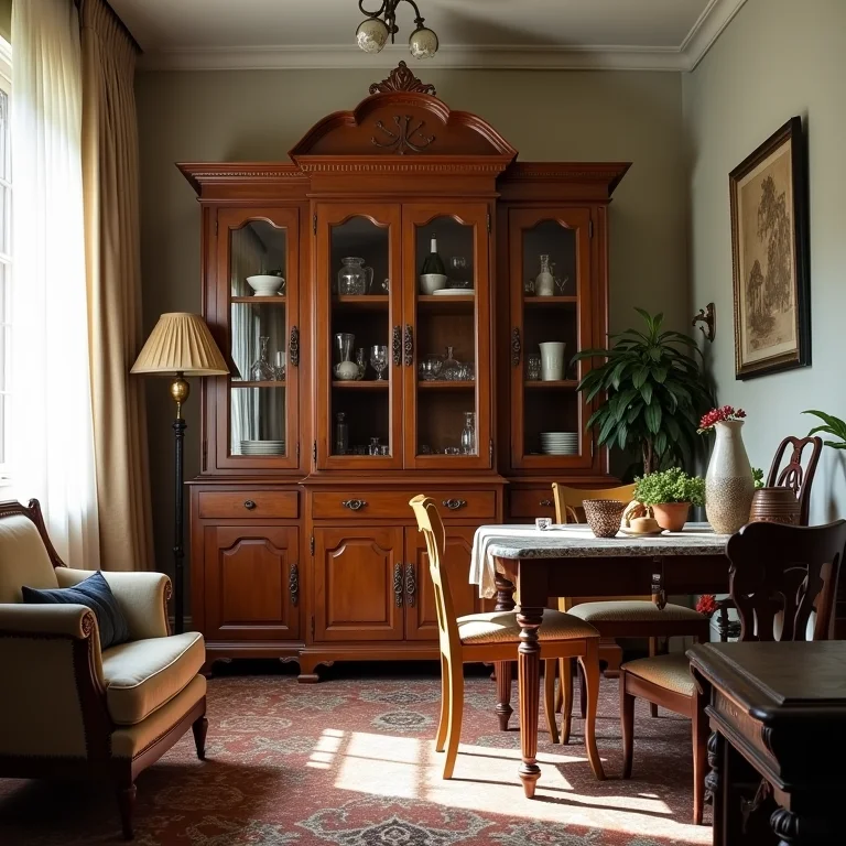 Sala de jantar pequena com excesso de móveis e objetos decorativos.