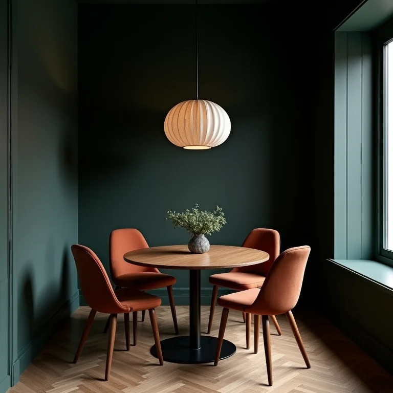 Sala de jantar pequena com paredes pintadas em cores escuras.