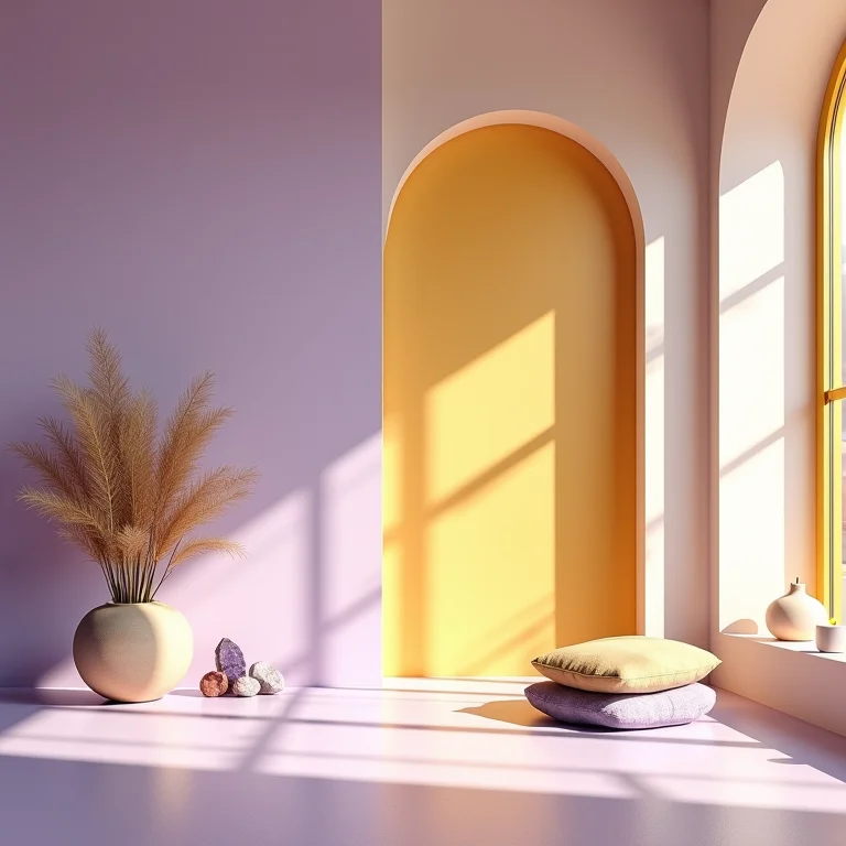 Sala de meditação com cores complementares e elementos de Feng Shui