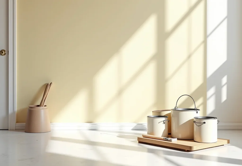 Calcular tinta: O segredo para não errar na reforma (e economizar) Sala em reforma com latas de tinta e pincéis