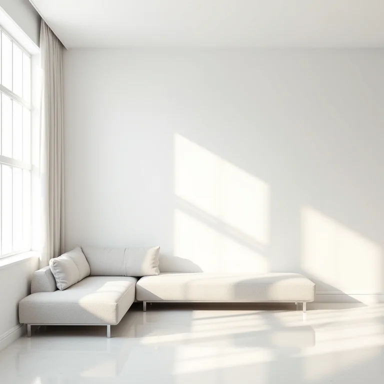 Sala minimalista com móveis simples e paredes brancas, transmitindo frieza e impessoalidade.