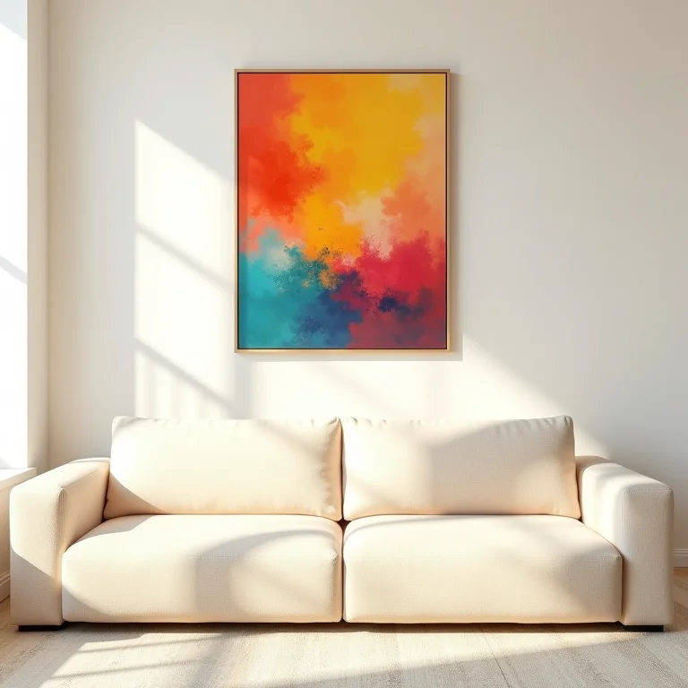 Sala minimalista com paredes neutras e pintura colorida em destaque.