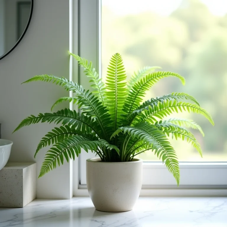 Samambaia em vaso decorativo em banheiro iluminado