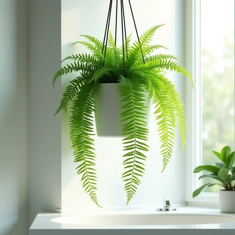 Samambaia exuberante pendurada em um banheiro iluminado.