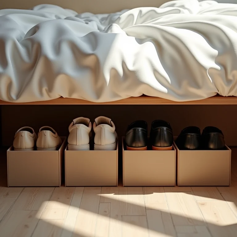 Sapatos armazenados sob a cama em recipientes planos