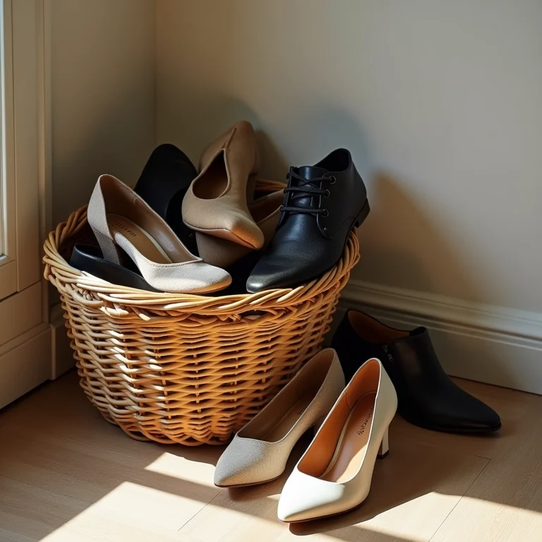 Sapatos diversos amontoados em cesto, simbolizando uma coleção a ser avaliada