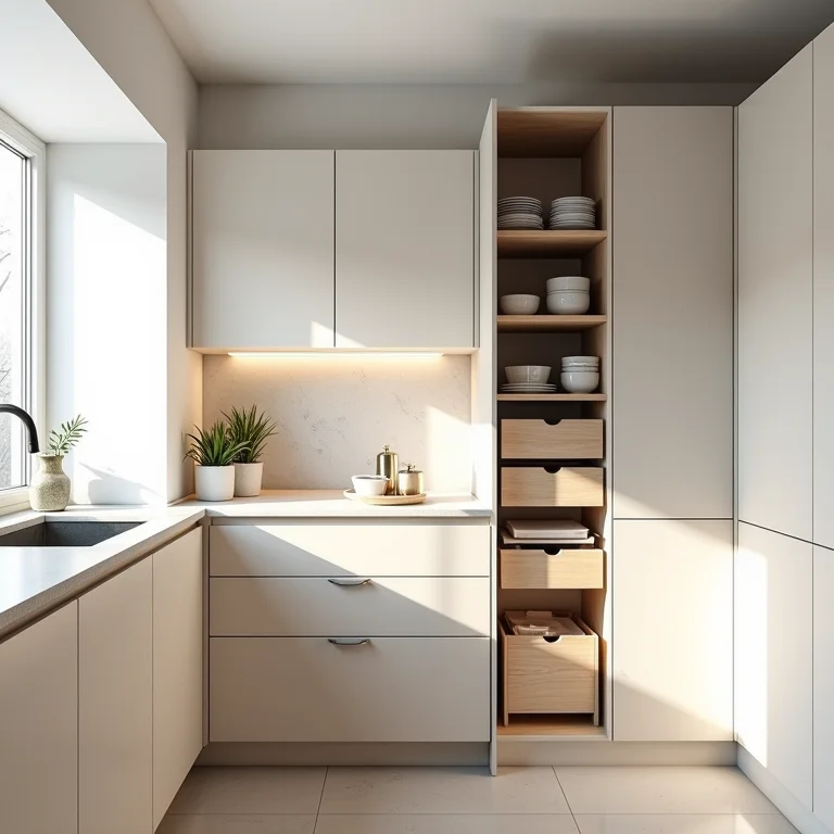 Soluções criativas de armazenamento vertical em cozinha pequena.