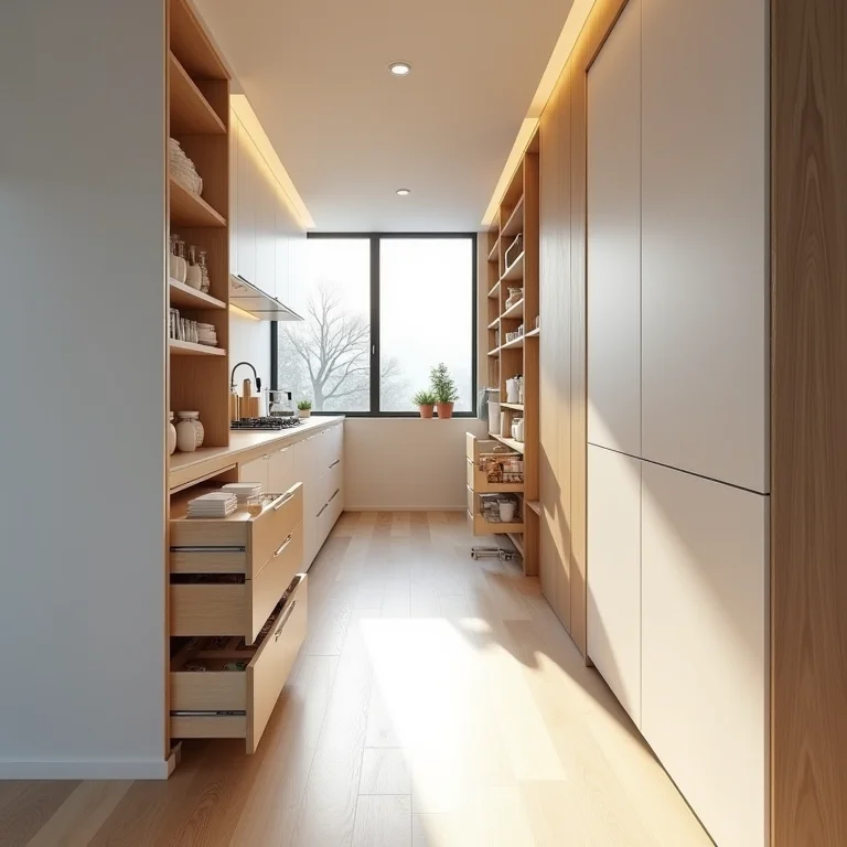 Soluções de armazenamento inteligentes em uma cozinha corredor