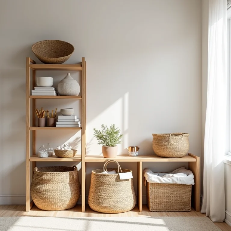 Soluções de organização com cestos, caixas transparentes e prateleiras em um espaço minimalista.