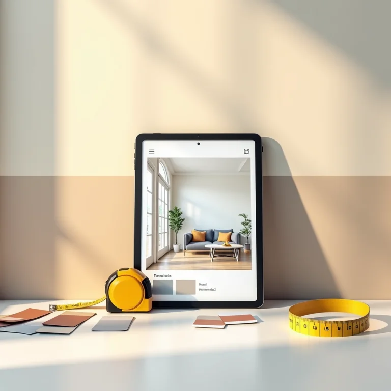 Tablet mostrando app de design com trena e amostras de tinta