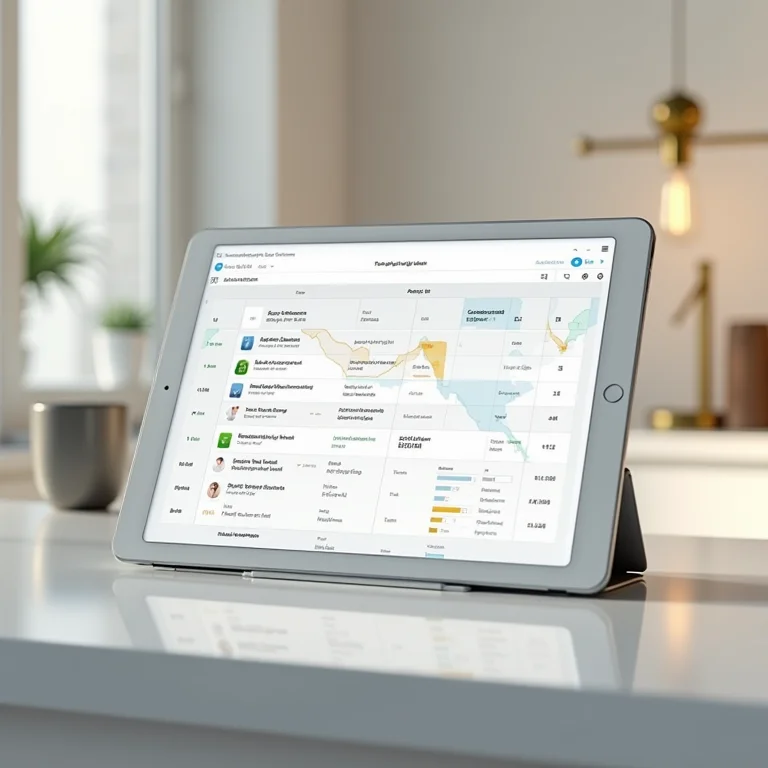 Tablet mostrando ferramentas de gestão de projetos arquitetônicos