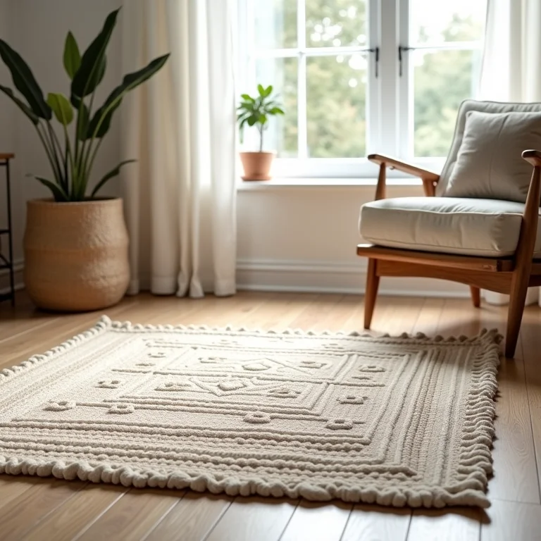 Tapete de crochê quadrado em uma sala minimalista