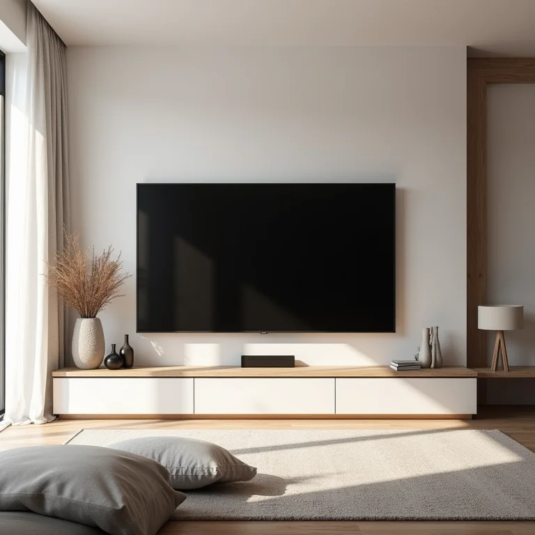 Televisão grande demais em sala pequena, com decoração minimalista.