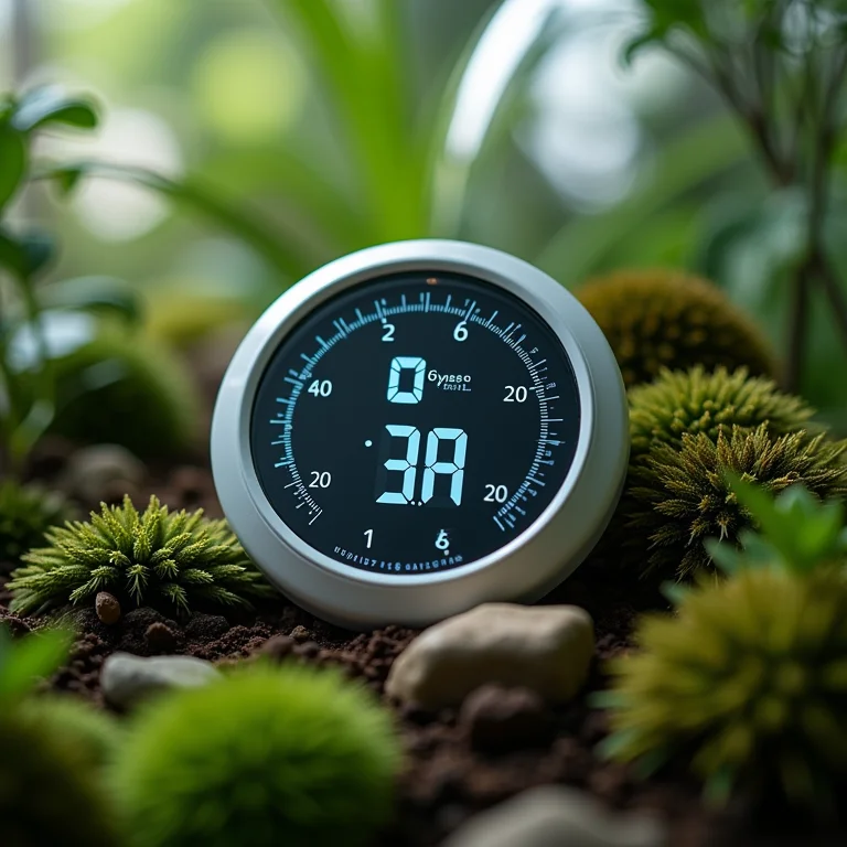 Termômetro e higrômetro em terrário.