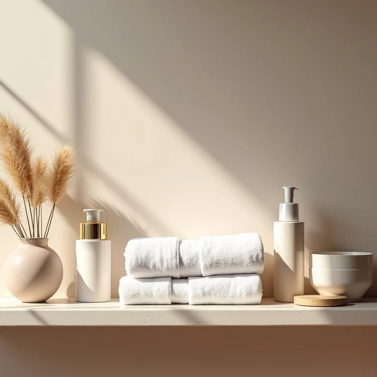 Toalhas e produtos de banho organizados em prateleira