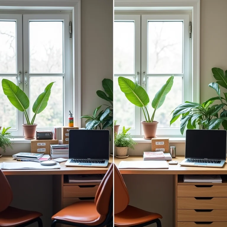 Transformação de uma mesa bagunçada para uma mesa organizada.