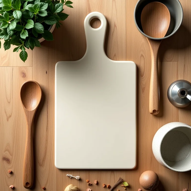 Utensílios de cozinha de madeira e louça sobre bancada de madeira.