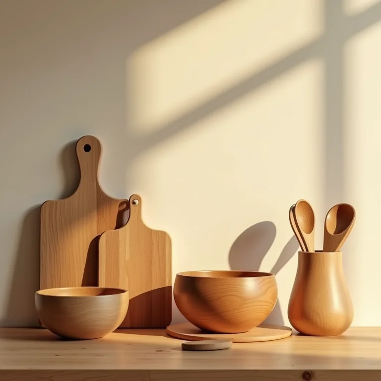 Utensílios de cozinha de madeira sobre bancada de madeira.