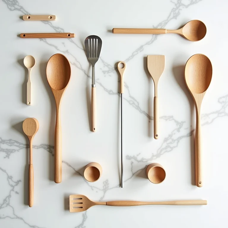 Utensílios de cozinha desorganizados sobre bancada de mármore.