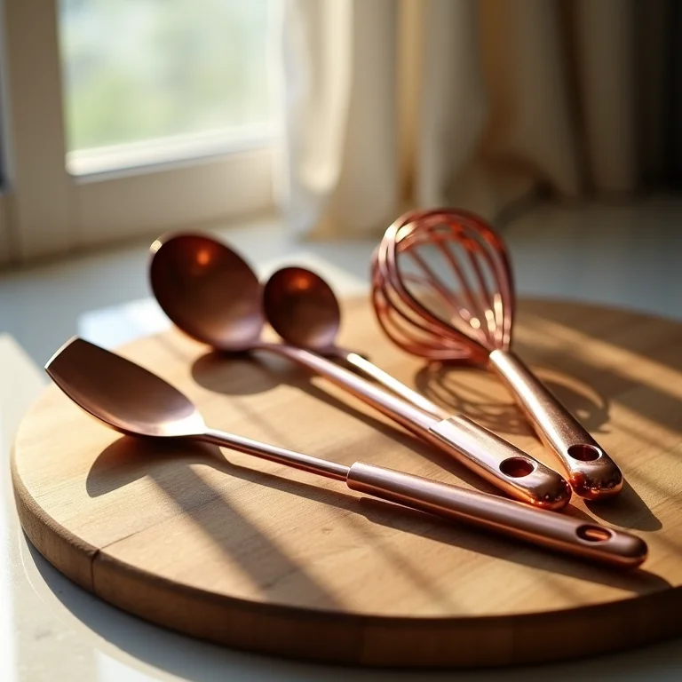 Utensílios de cozinha em cobre rosé sobre tábua de madeira