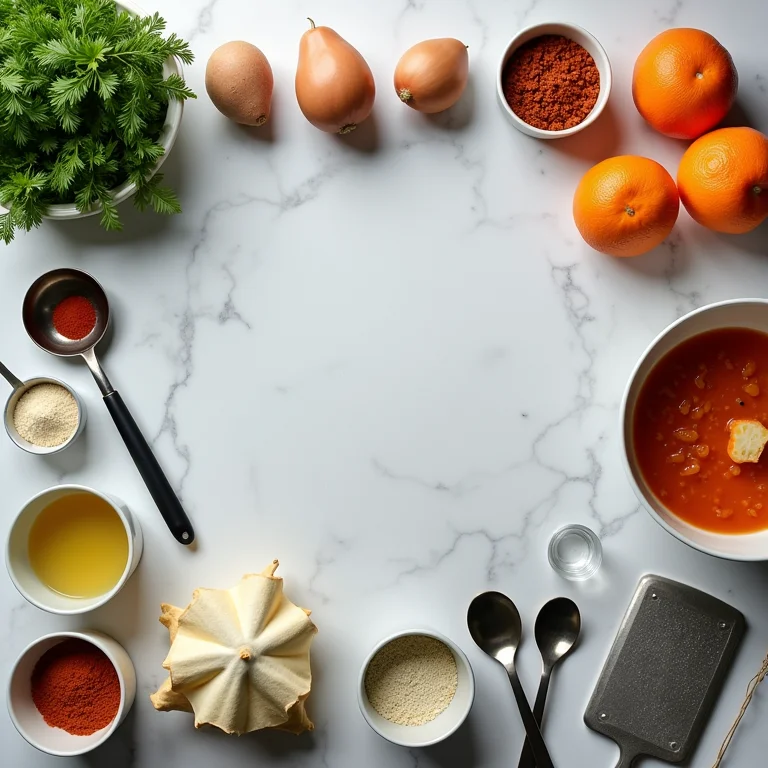 Utensílios de cozinha essenciais e ingredientes básicos.