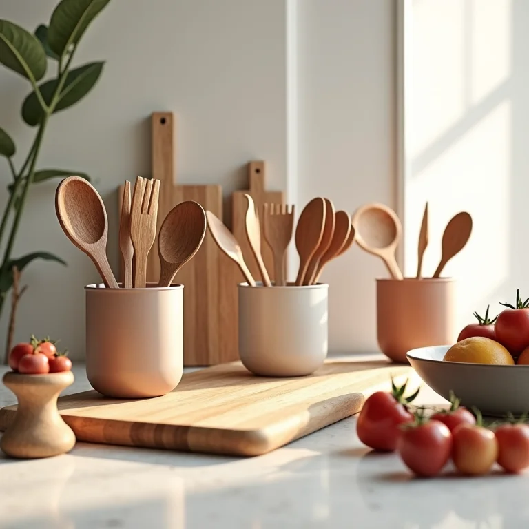 Utensílios de cozinha organizados em uma bancada de cozinha corredor