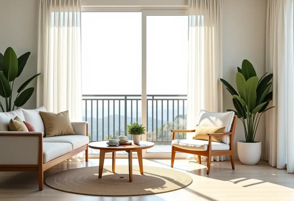 Varanda envidraçada com decoração moderna e aconchegante.