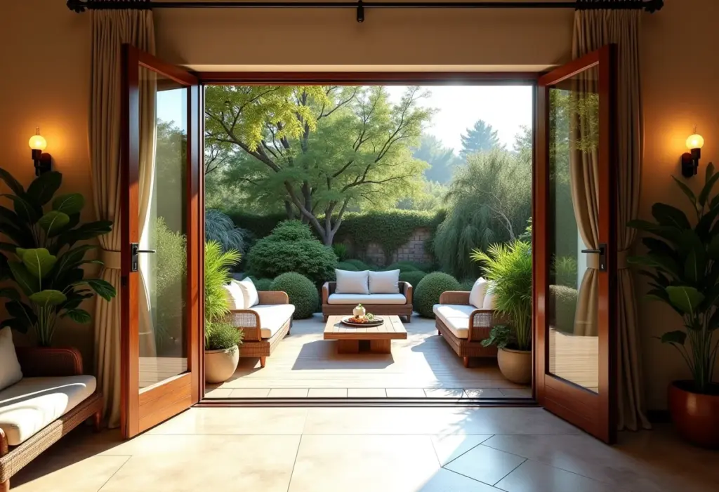 Varanda gourmet decorada com plantas e móveis confortáveis.