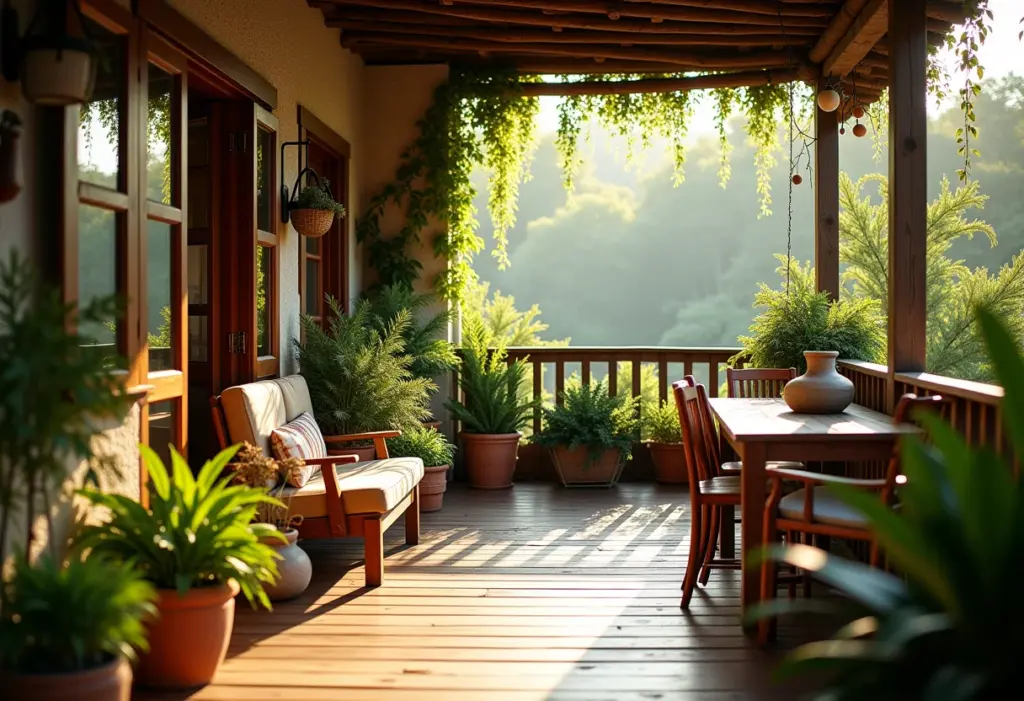 Varanda rústica charmosa com móveis de madeira e plantas exuberantes