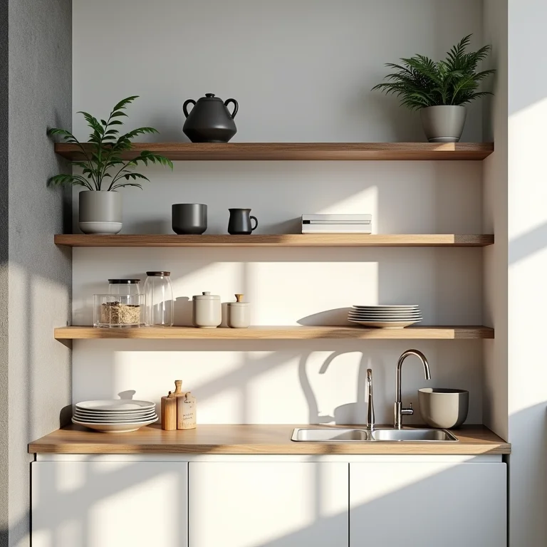 Variedade de materiais para prateleiras abertas de cozinha