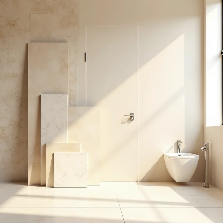 Variedade de revestimentos bege para banheiro.